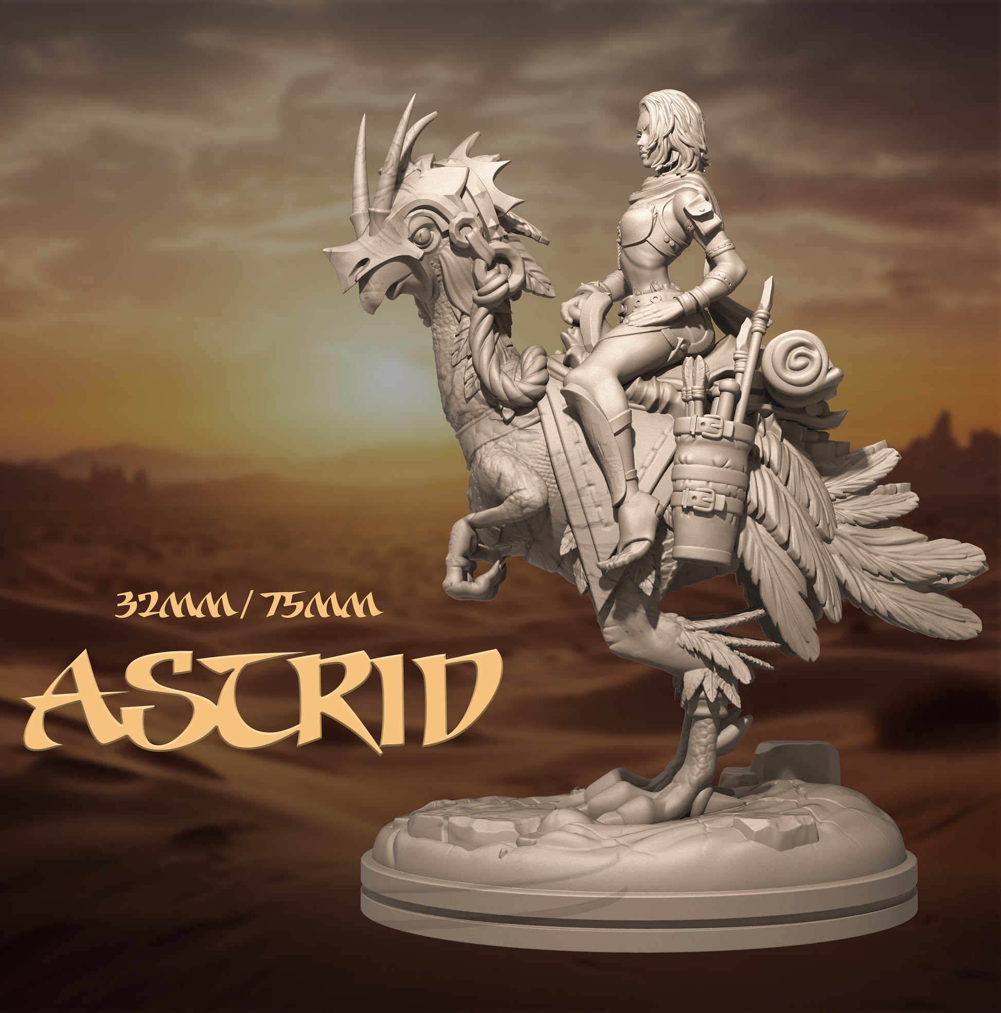 Female Dino Rider Miniature, Astrid | Tabletop RPG Miniature | Dungeons and Maidens | Roleplaying 3D Printed Fantasy Mini - 3DPrintDen