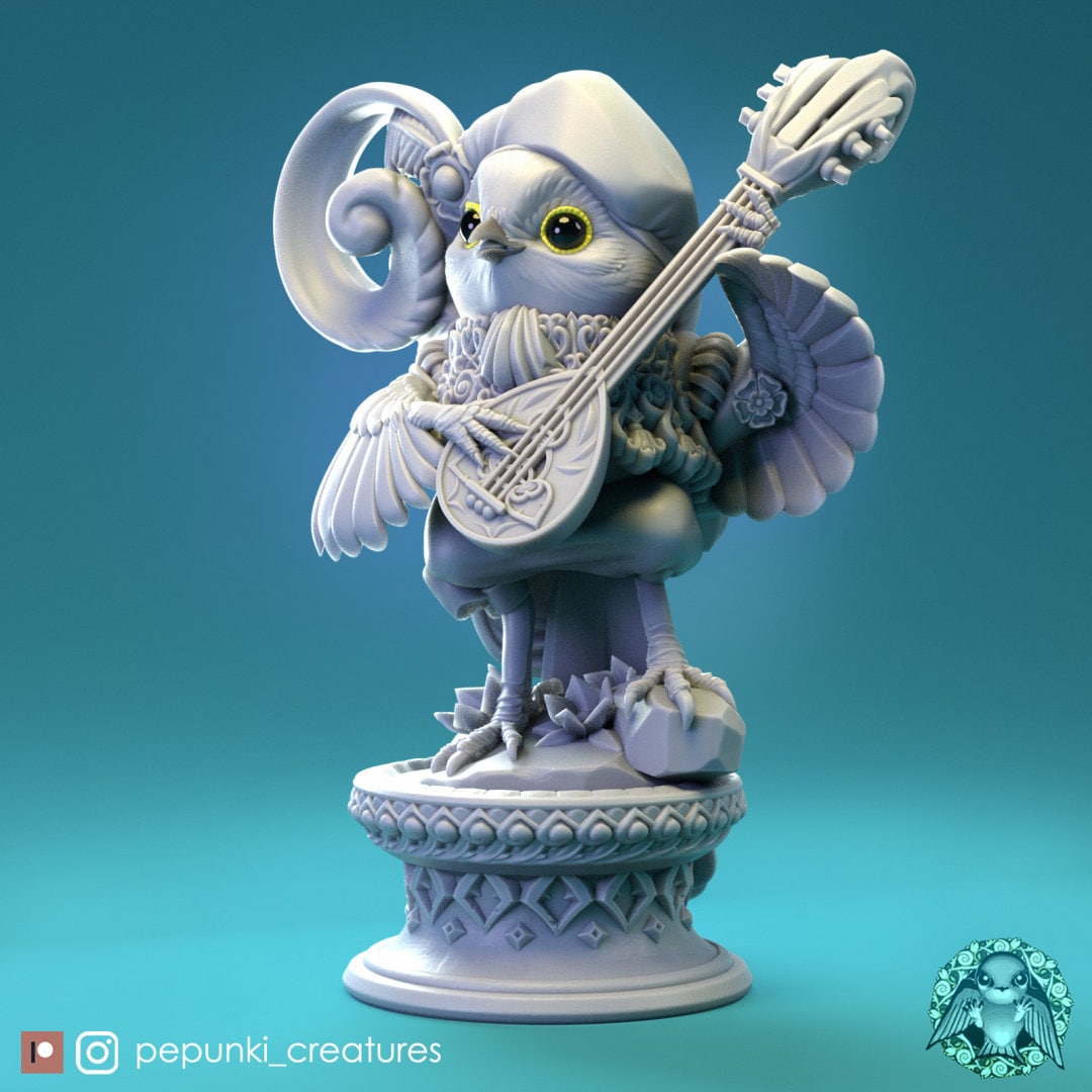 Bird Bard Miniature | Tabletop RPG Miniature | Pepunki Creatures | Roleplaying 3D Printed Fantasy Mini - 3DPrintDen