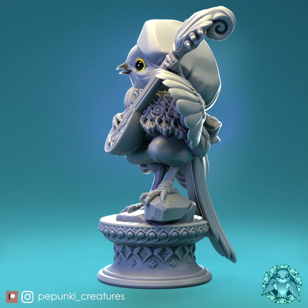 Bird Bard Miniature | Tabletop RPG Miniature | Pepunki Creatures | Roleplaying 3D Printed Fantasy Mini - 3DPrintDen