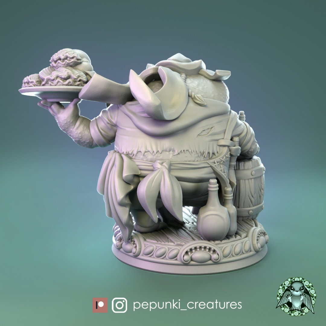 Frog Cook Miniature, Budge Bob | Tabletop RPG Miniature | Pepunki Creatures | Roleplaying 3D Printed Fantasy Mini - 3DPrintDen