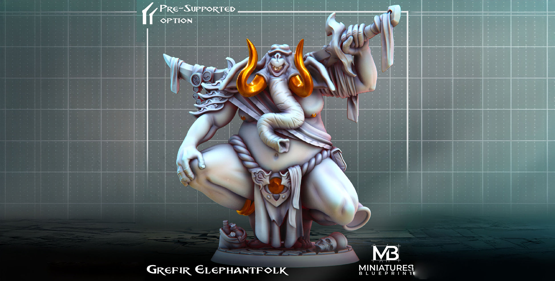 Elephantfolk Warrior Miniature, Grefir | Tabletop RPG Miniature | Miniatures Blueprint | Roleplaying 3D Printed Fantasy Mini - 3DPrintDen