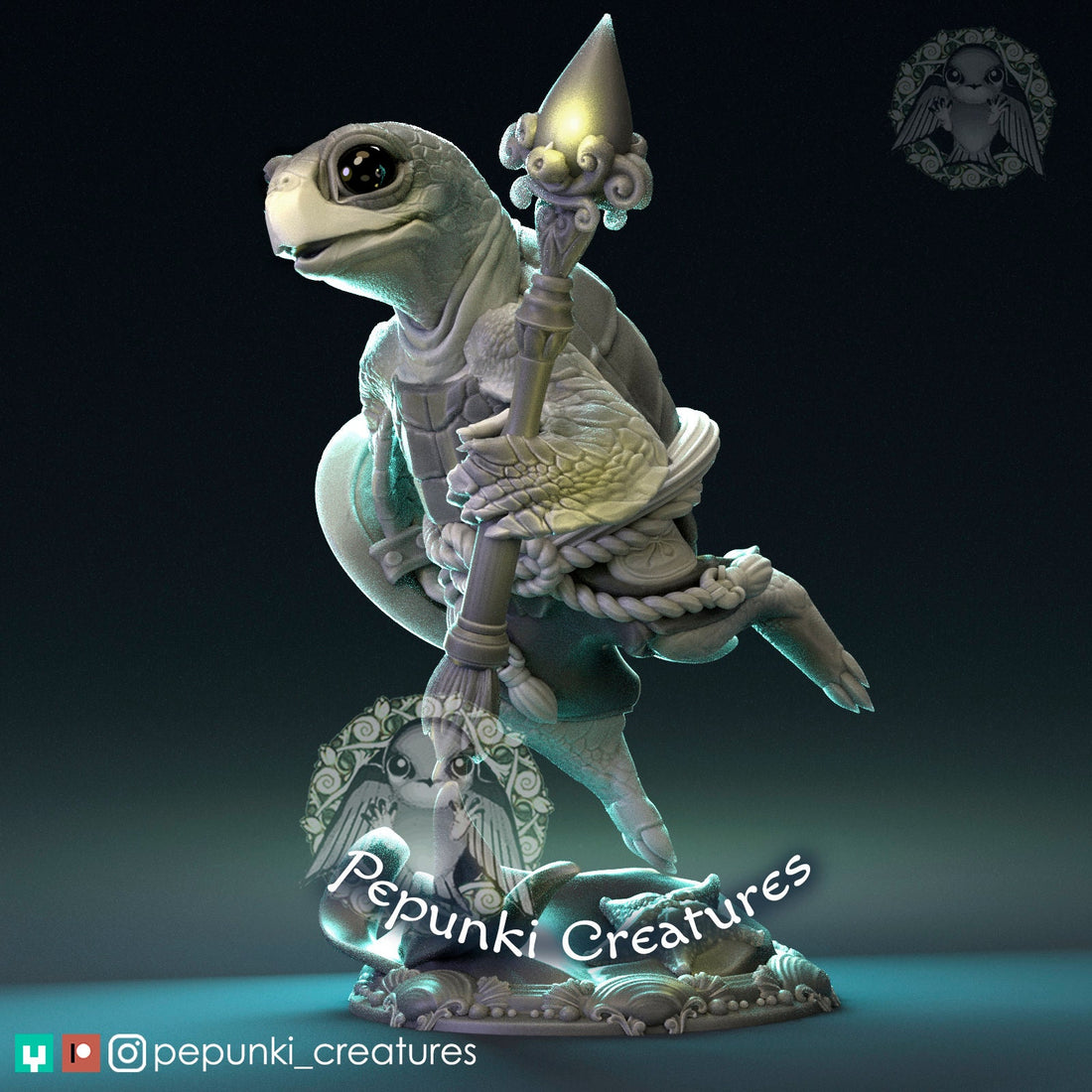 Sea Turtle Spearman Miniature | Tabletop RPG Miniature | Pepunki Creatures | Roleplaying 3D Printed Fantasy Mini - 3DPrintDen