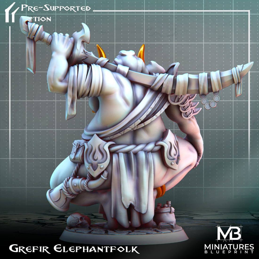 Elephantfolk Warrior Miniature, Grefir | Tabletop RPG Miniature | Miniatures Blueprint | Roleplaying 3D Printed Fantasy Mini - 3DPrintDen