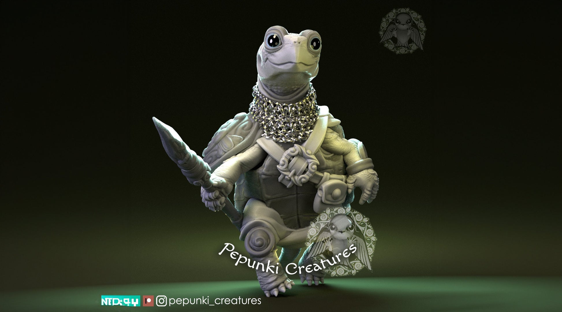 Land Turtle Spearman Miniature | Tabletop RPG Miniature | Pepunki Creatures | Roleplaying 3D Printed Fantasy Mini - 3DPrintDen