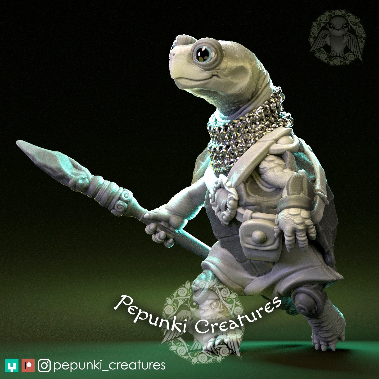 Land Turtle Spearman Miniature | Tabletop RPG Miniature | Pepunki Creatures | Roleplaying 3D Printed Fantasy Mini - 3DPrintDen