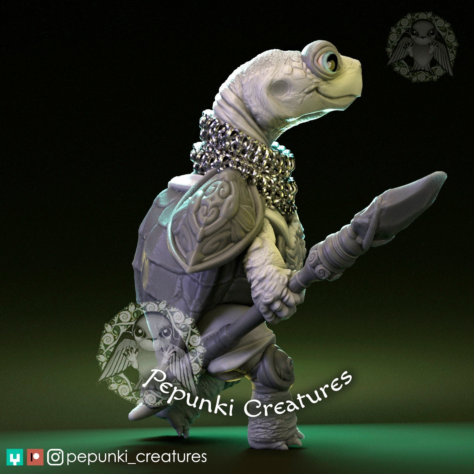 Land Turtle Spearman Miniature | Tabletop RPG Miniature | Pepunki Creatures | Roleplaying 3D Printed Fantasy Mini - 3DPrintDen