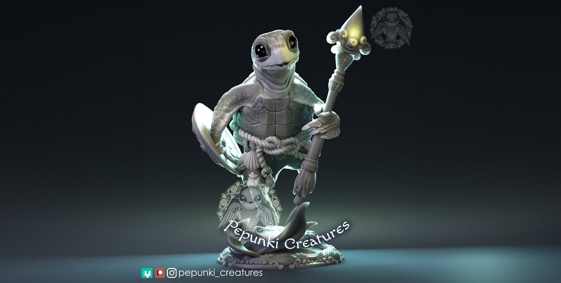 Sea Turtle Spearman Miniature | Tabletop RPG Miniature | Pepunki Creatures | Roleplaying 3D Printed Fantasy Mini - 3DPrintDen