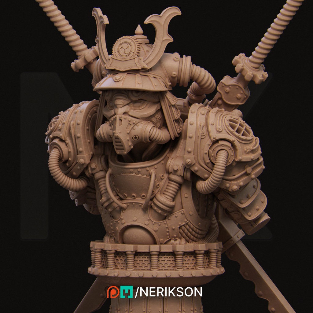 Steampunk Samurai Bust, Naojiri | Tabletop RPG Miniature | Nerikson | Roleplaying 3D Printed Fantasy Mini - 3DPrintDen