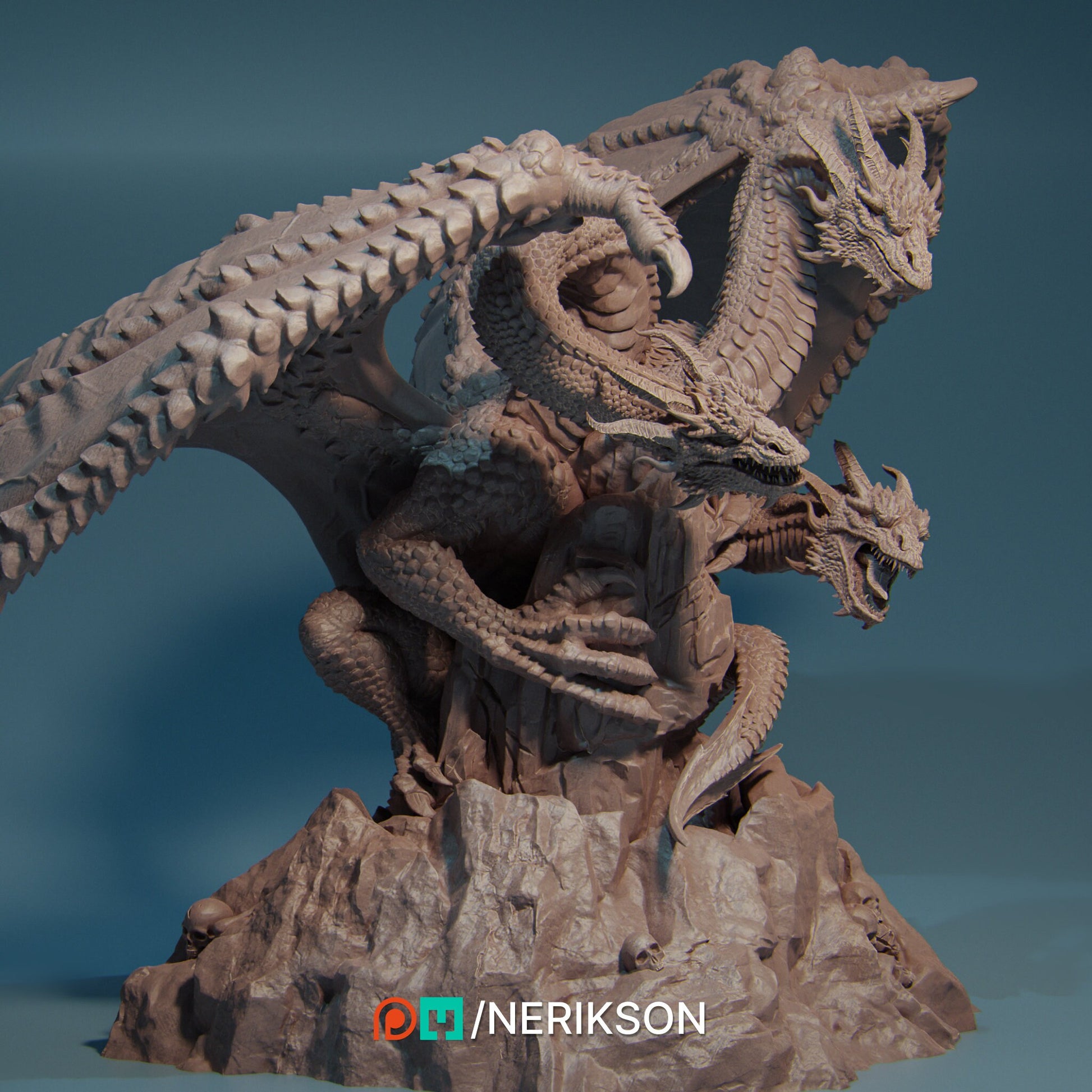 Three-Headed Dragon Miniature, Zmei | Tabletop RPG Miniature | Nerikson | Roleplaying 3D Printed Fantasy Mini - 3DPrintDen