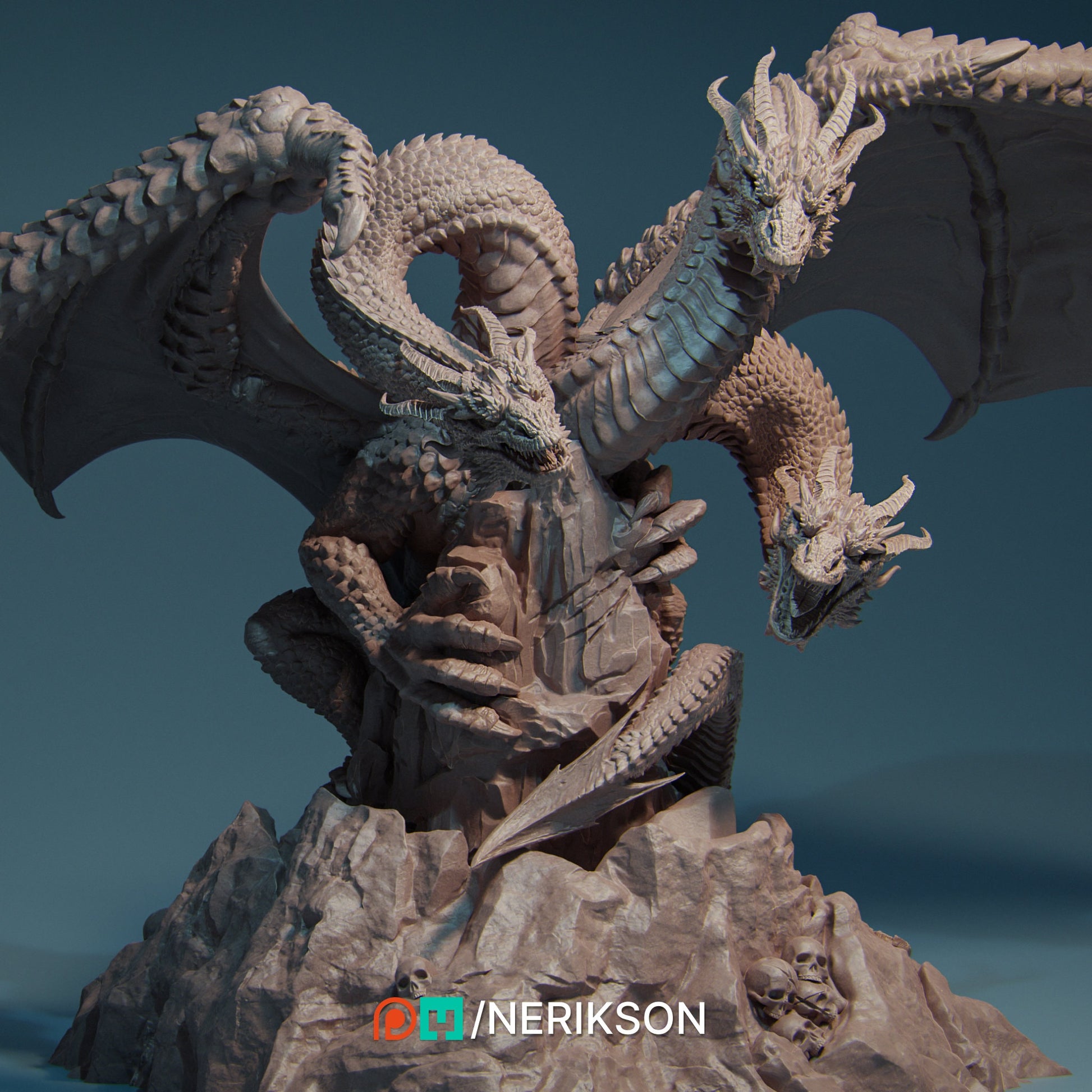 Three-Headed Dragon Miniature, Zmei | Tabletop RPG Miniature | Nerikson | Roleplaying 3D Printed Fantasy Mini - 3DPrintDen