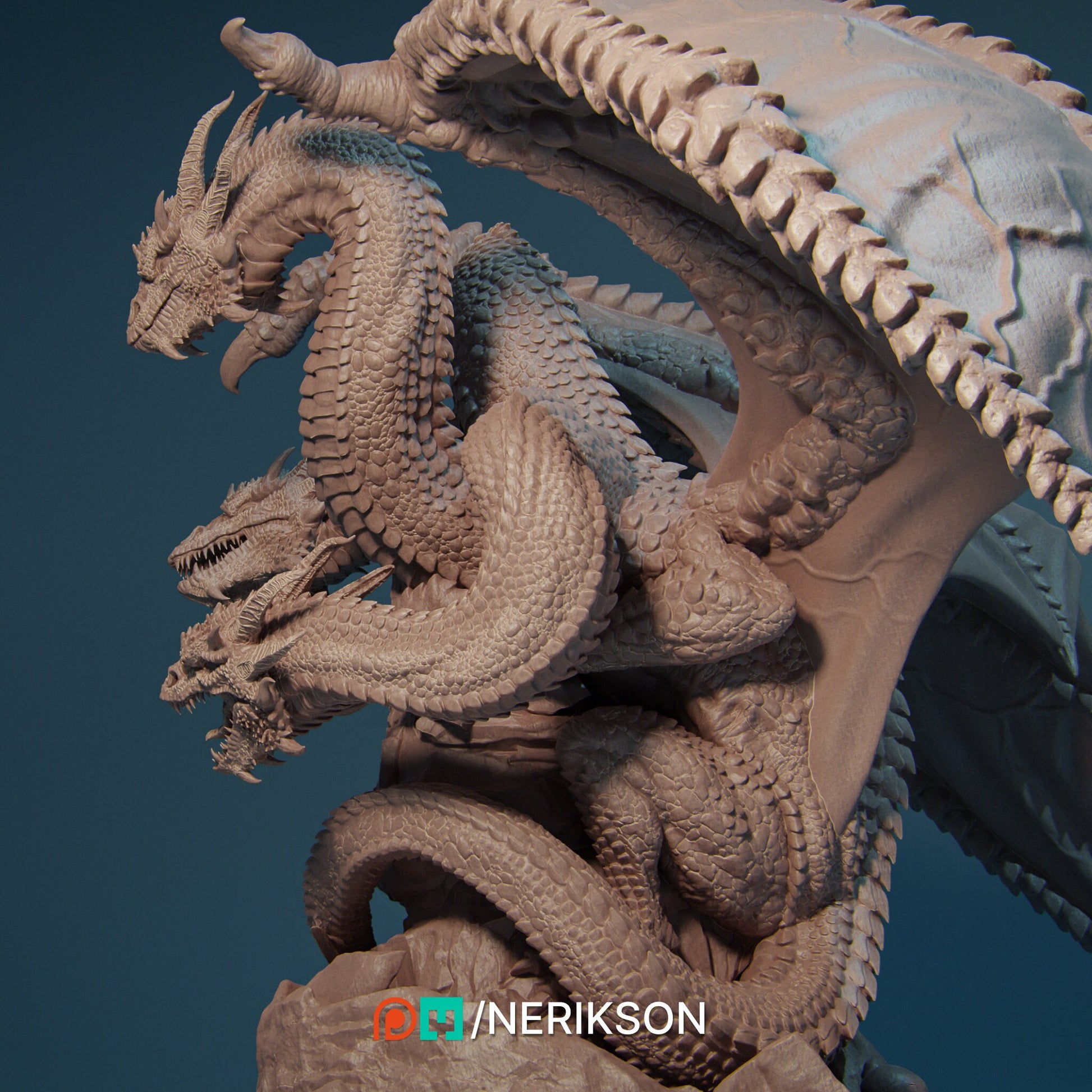 Three-Headed Dragon Miniature, Zmei | Tabletop RPG Miniature | Nerikson | Roleplaying 3D Printed Fantasy Mini - 3DPrintDen