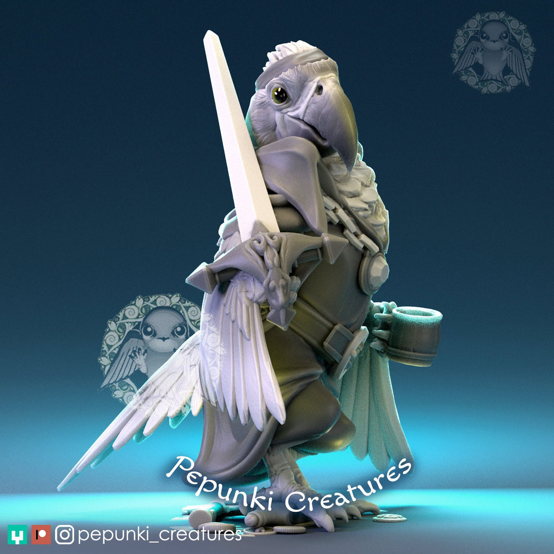 Macaw Pirate Miniature | Tabletop RPG Miniature | Pepunki Creatures | Roleplaying 3D Printed Fantasy Mini - 3DPrintDen