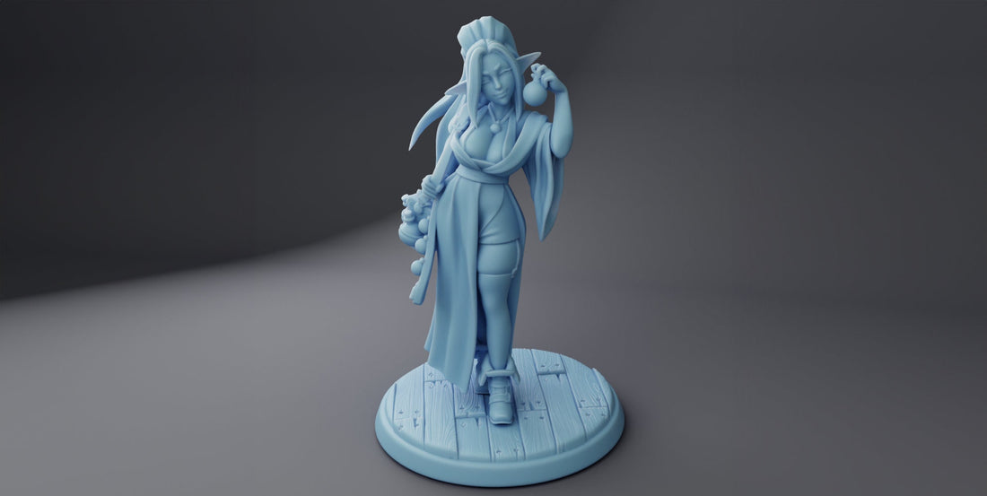 Female Elf Merchant Miniature, Silfie | Twin Goddess Miniatures | Tabletop RPG Miniature | Roleplaying 3D Printed Fantasy Mini - 3DPrintDen