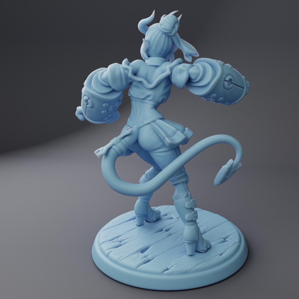 Female Tiefling Fighter Miniature, Punch | Twin Goddess Miniatures | Tabletop RPG Miniature | Roleplaying 3D Printed Fantasy Mini - 3DPrintDen