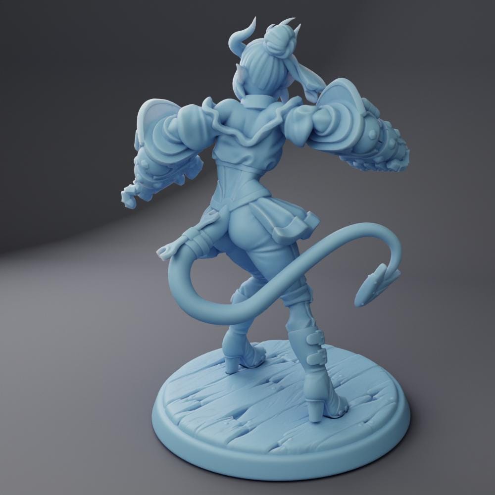 Female Tiefling Fighter Miniature, Punch | Twin Goddess Miniatures | Tabletop RPG Miniature | Roleplaying 3D Printed Fantasy Mini - 3DPrintDen