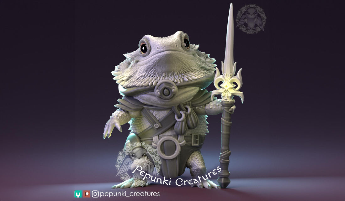 Bearded Dragon Warrior Miniature | Tabletop RPG Miniature | Pepunki Creatures | Roleplaying 3D Printed Fantasy Mini - 3DPrintDen