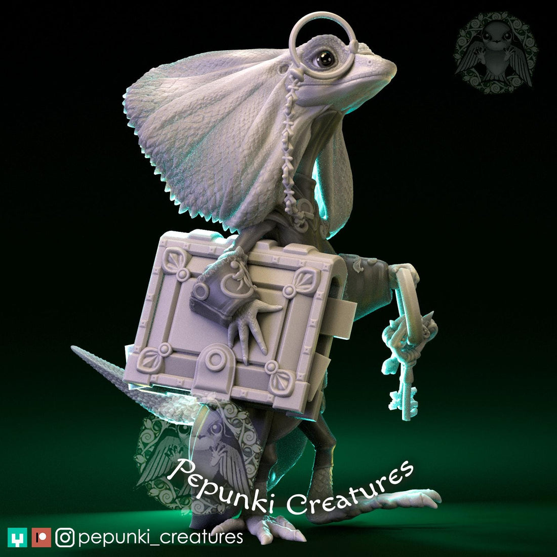 Frilled Lizard Librarian Miniature | Tabletop RPG Miniature | Pepunki Creatures | Roleplaying 3D Printed Fantasy Mini - 3DPrintDen