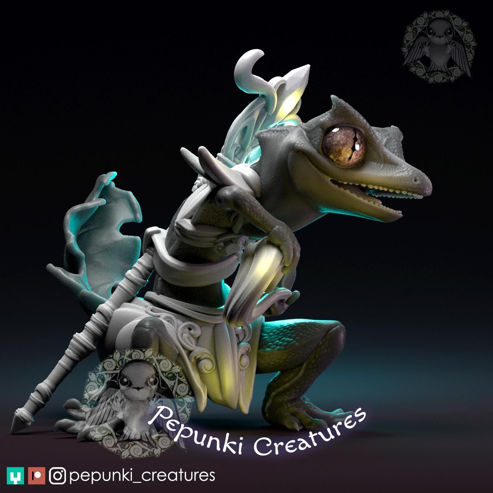 Satanic Leaf Gecko Sorceress Miniature | Tabletop RPG Miniature | Pepunki Creatures | Roleplaying 3D Printed Fantasy Mini - 3DPrintDen