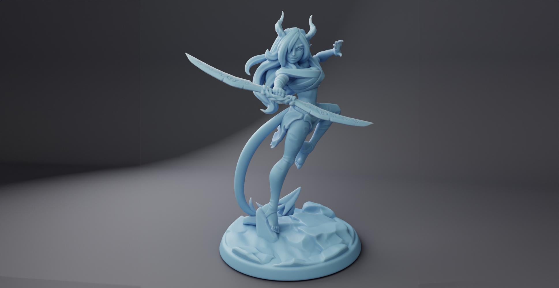 Female Tiefling Fighter Miniature, Neferit | Twin Goddess Miniatures | Tabletop RPG Miniature | Roleplaying 3D Printed Fantasy Mini - 3DPrintDen