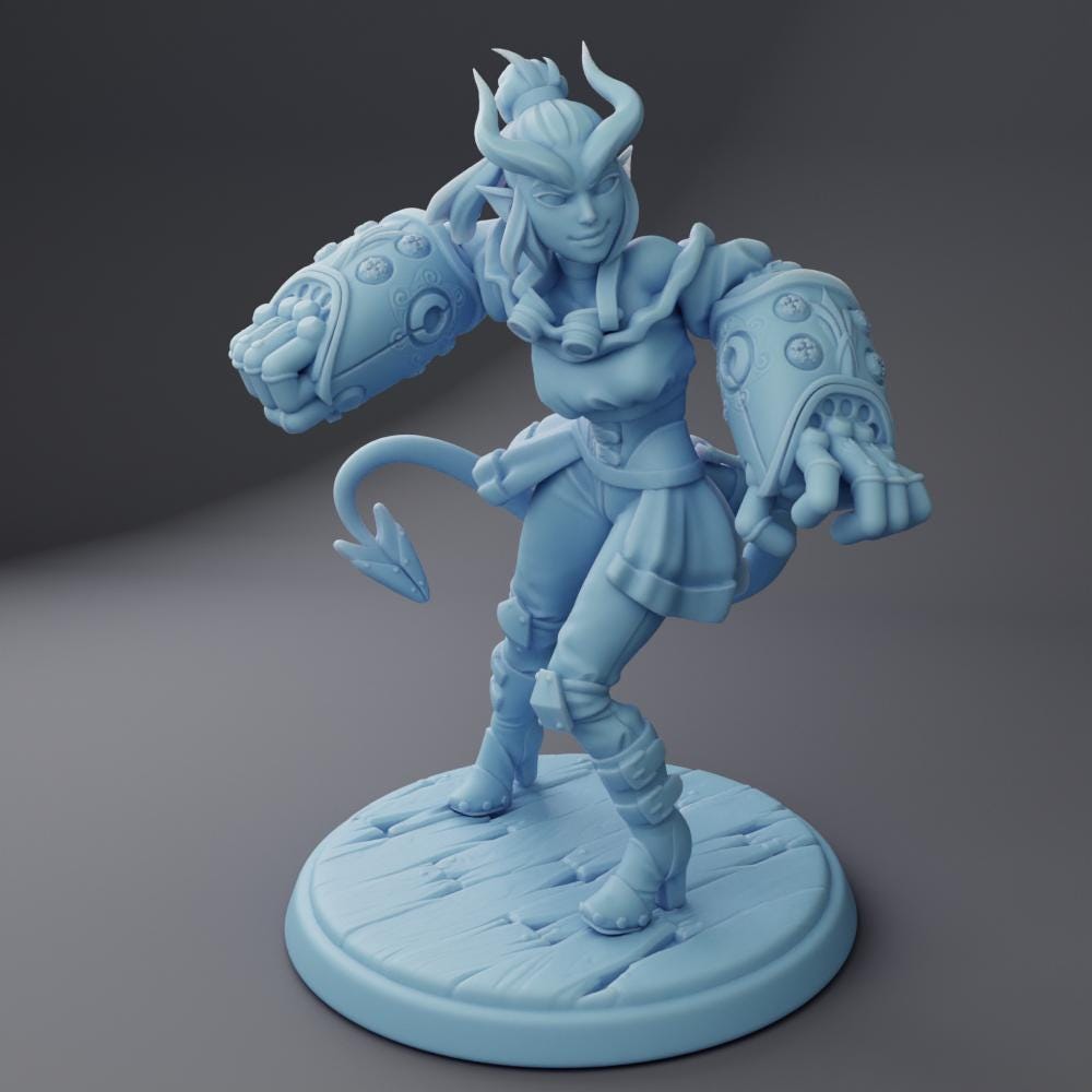 Female Tiefling Fighter Miniature, Punch | Twin Goddess Miniatures | Tabletop RPG Miniature | Roleplaying 3D Printed Fantasy Mini - 3DPrintDen