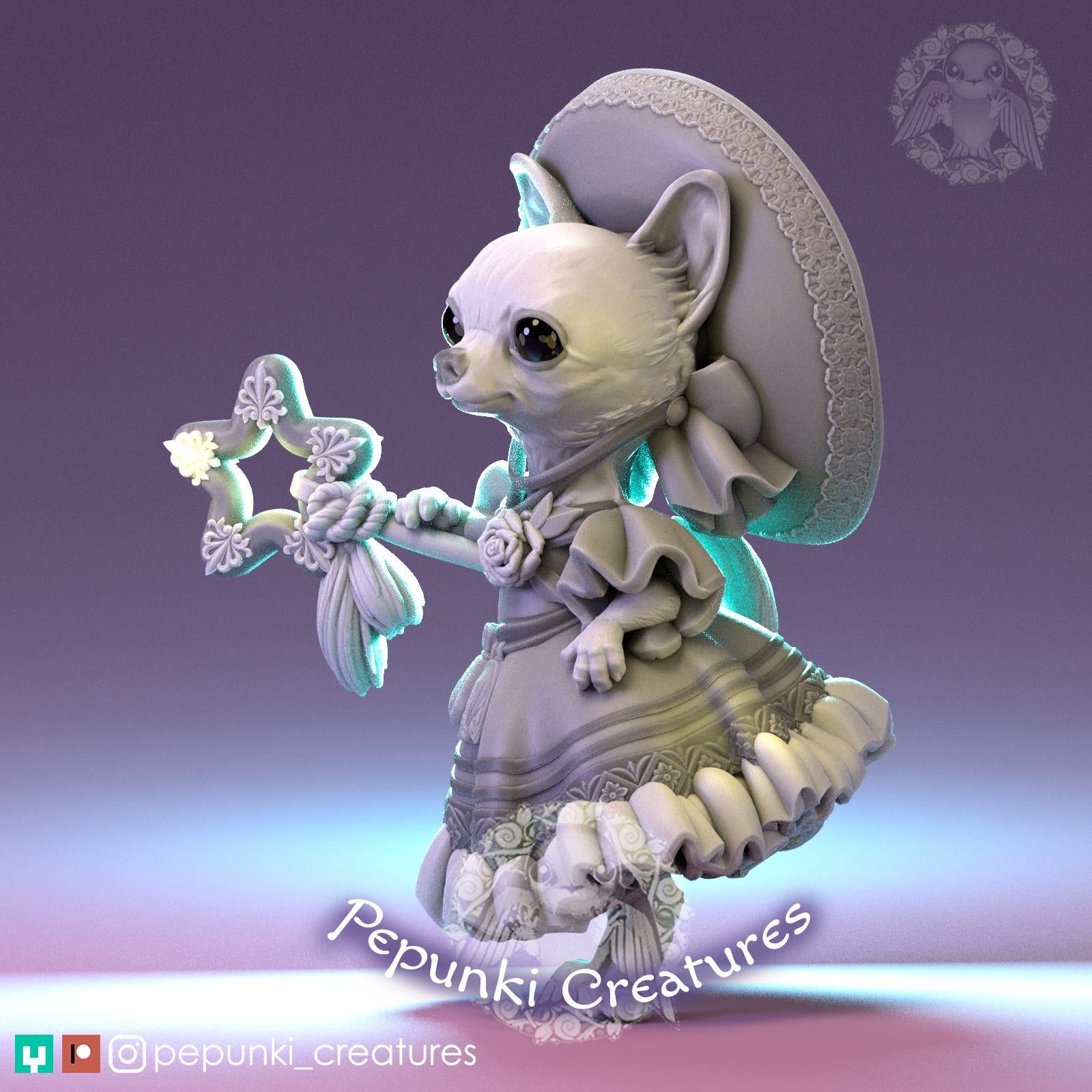 Chihuahua Sorceress Miniature, Sandy | Tabletop RPG Miniature | Pepunki Creatures | Roleplaying 3D Printed Fantasy Mini - 3DPrintDen