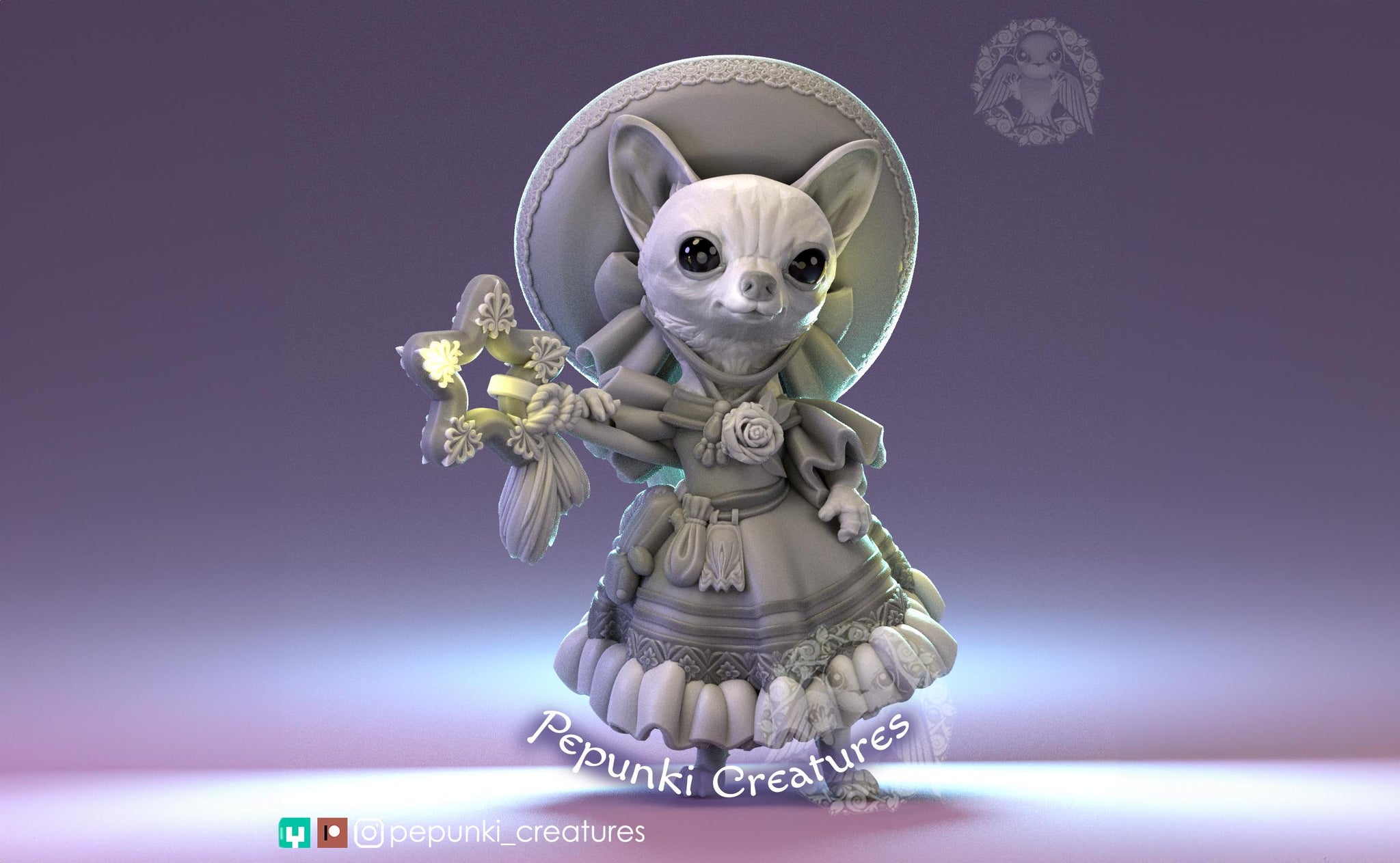 Chihuahua Sorceress Miniature, Sandy | Tabletop RPG Miniature | Pepunki Creatures | Roleplaying 3D Printed Fantasy Mini - 3DPrintDen