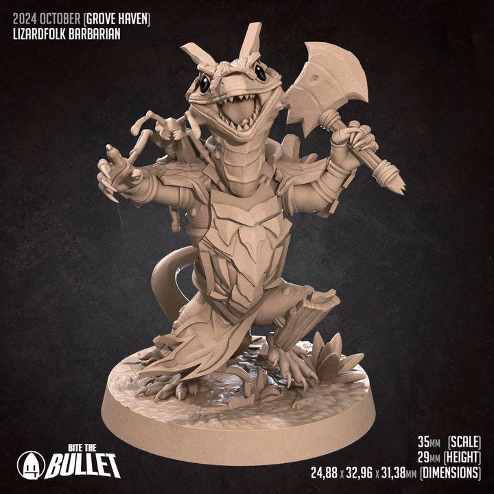 Lizardfolk Barbarian Miniature | Tabletop RPG Miniature | Bite the Bullet | Roleplaying 3D Printed Fantasy Mini - 3DPrintDen