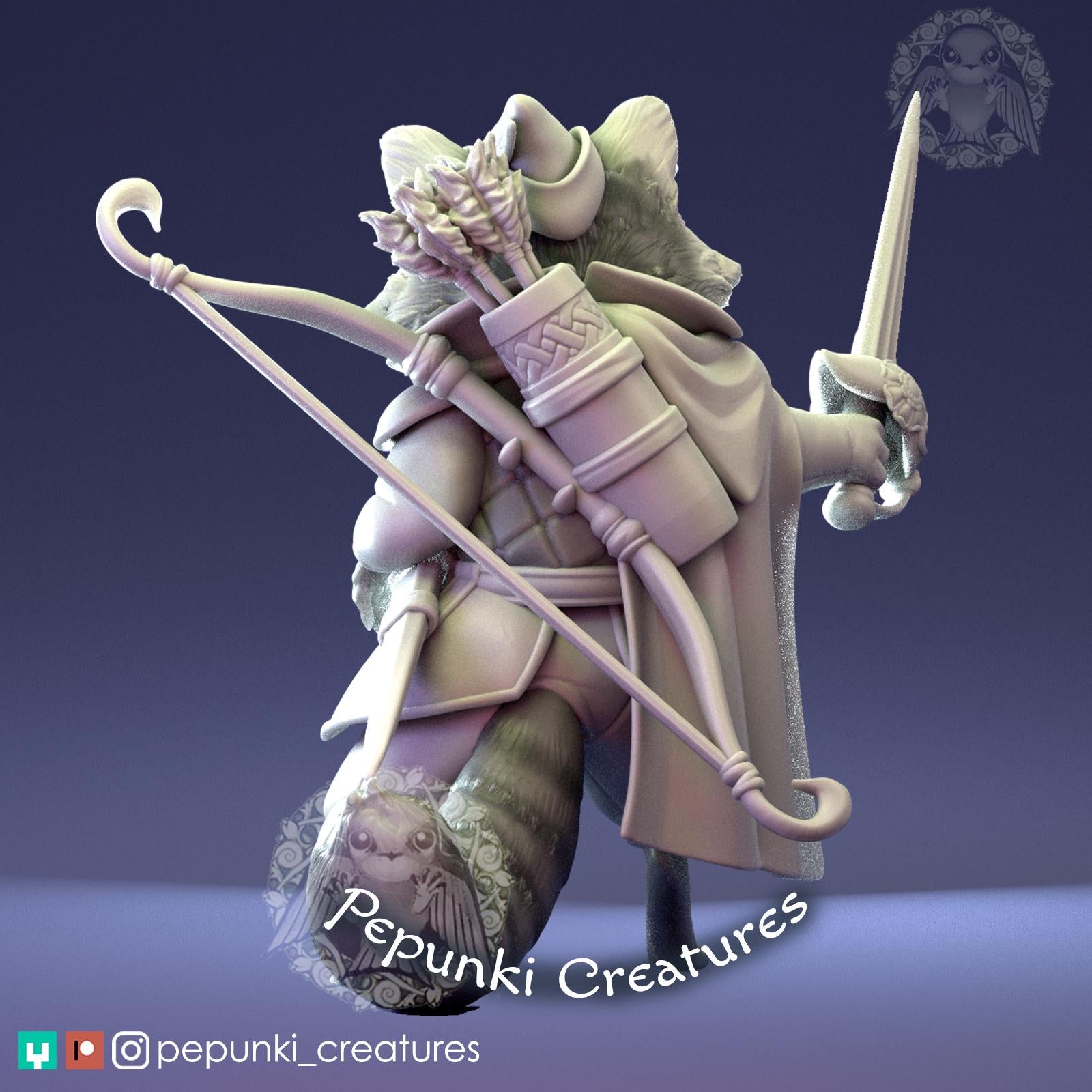 Raccoon Ranger Miniature | Tabletop RPG Miniature | Pepunki Creatures | Roleplaying 3D Printed Fantasy Mini - 3DPrintDen