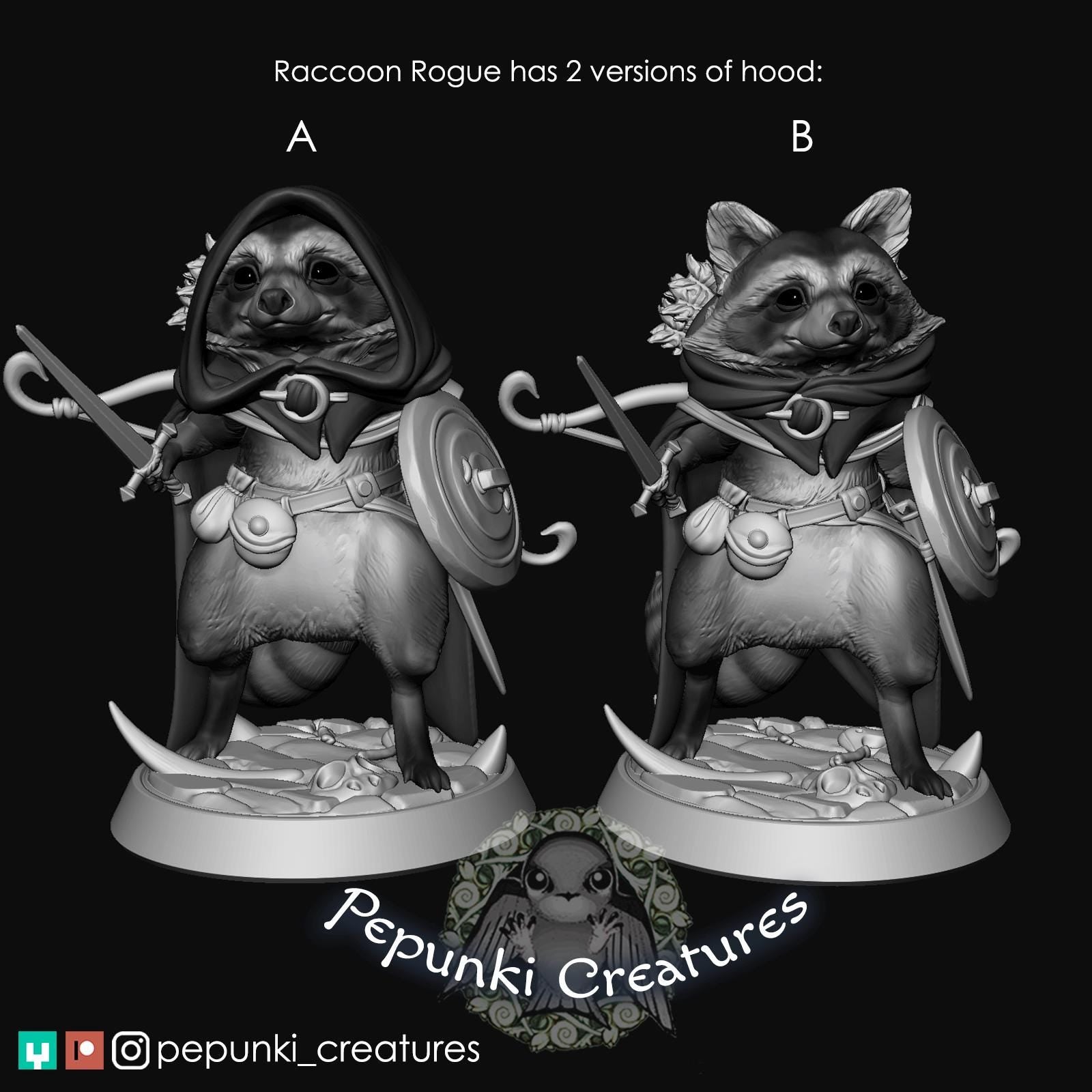 Raccoon Rogue Miniature | Tabletop RPG Miniature | Pepunki Creatures | Roleplaying 3D Printed Fantasy Mini - 3DPrintDen