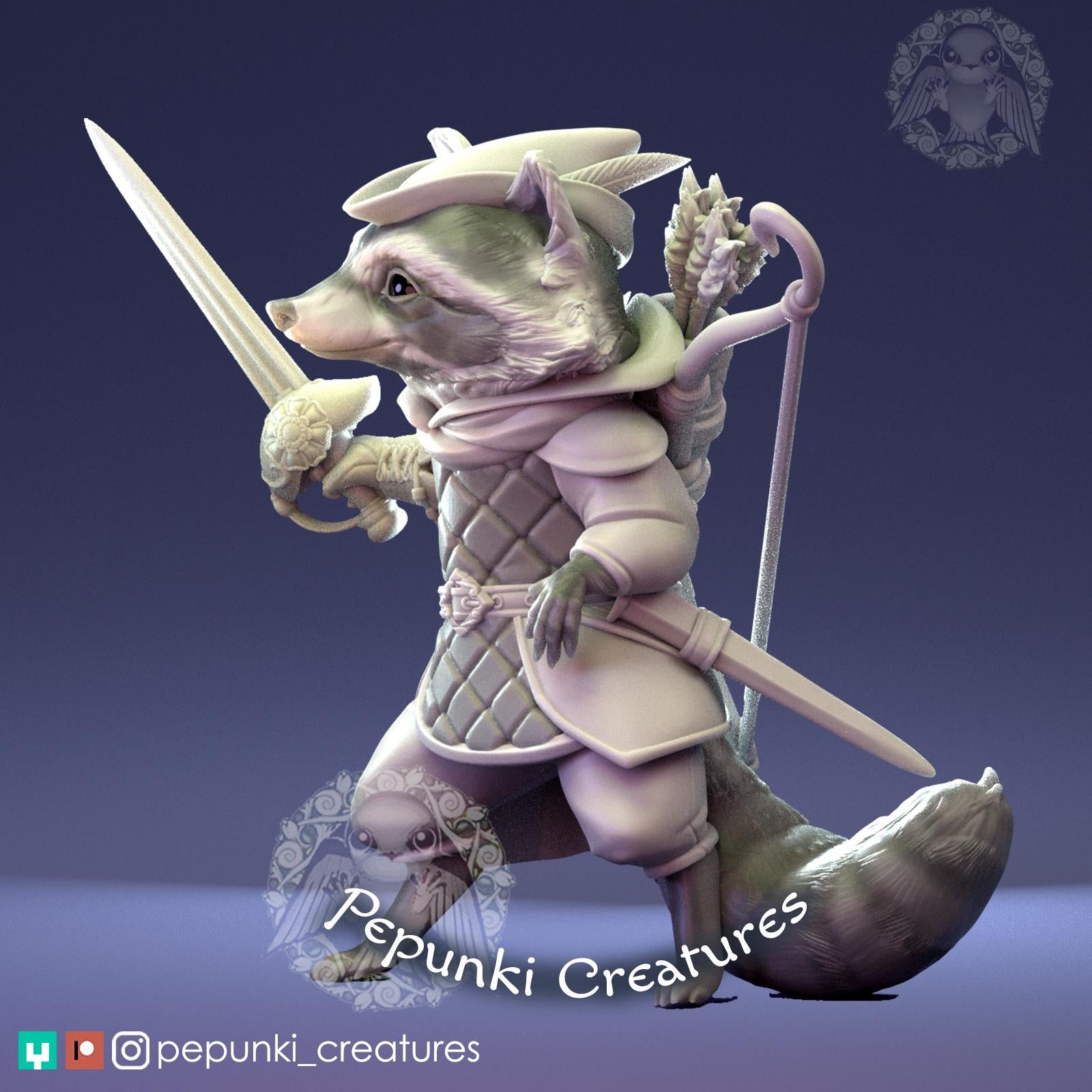 Raccoon Ranger Miniature | Tabletop RPG Miniature | Pepunki Creatures | Roleplaying 3D Printed Fantasy Mini - 3DPrintDen
