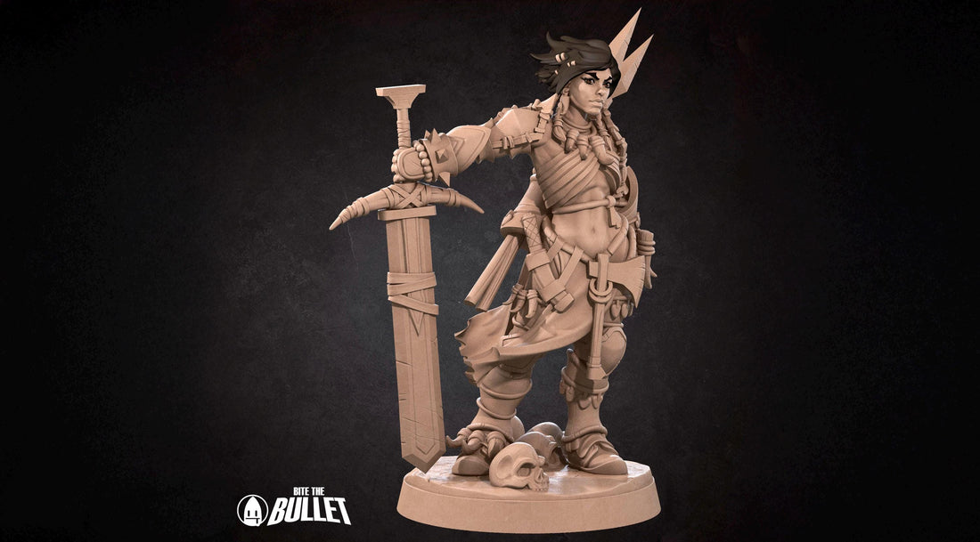 Female Barbarian Miniature | Tabletop RPG Miniature | Bite the Bullet | Roleplaying 3D Printed Fantasy Mini - 3DPrintDen