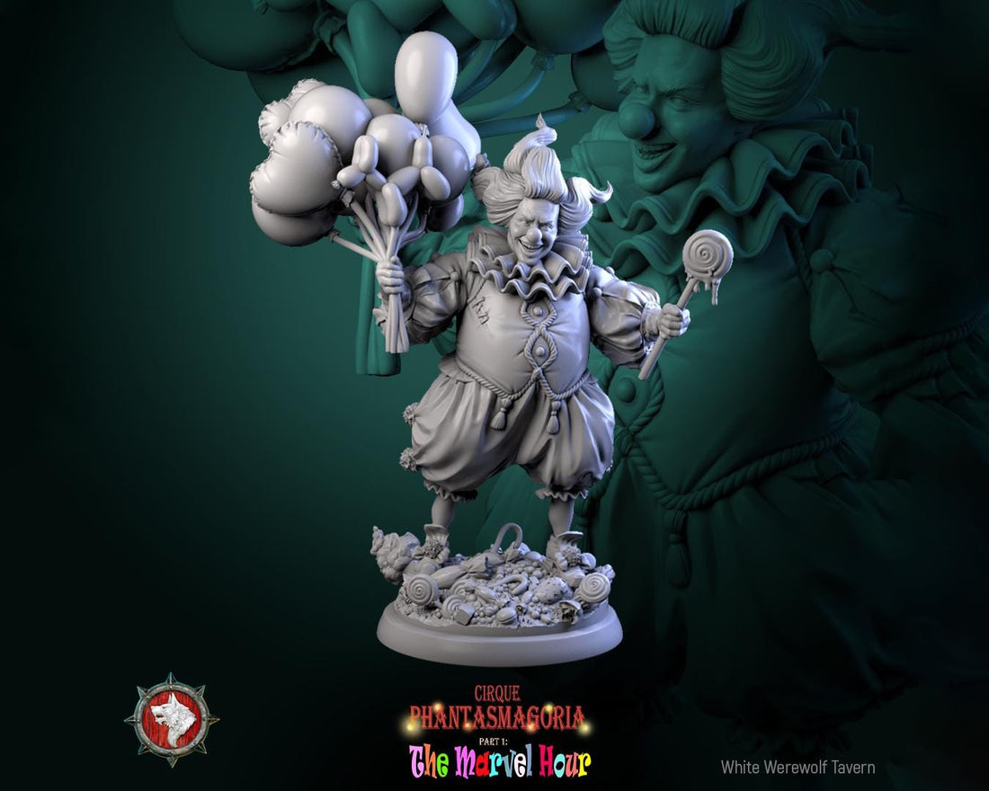 Circus Clown Miniature, Bibble | Tabletop RPG Miniature | White Werewolf Tavern | Roleplaying 3D Printed Fantasy Mini - 3DPrintDen
