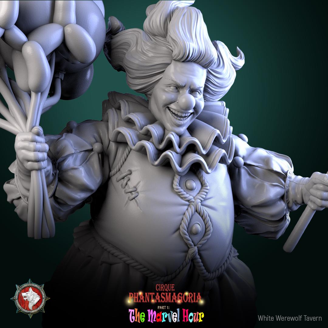 Circus Clown Miniature, Bibble | Tabletop RPG Miniature | White Werewolf Tavern | Roleplaying 3D Printed Fantasy Mini - 3DPrintDen