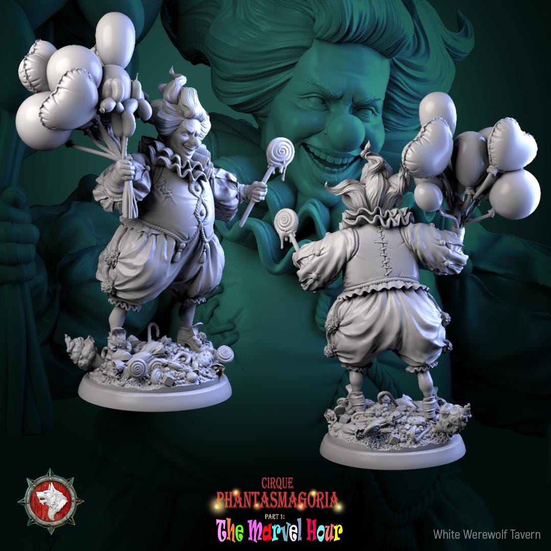 Circus Clown Miniature, Bibble | Tabletop RPG Miniature | White Werewolf Tavern | Roleplaying 3D Printed Fantasy Mini - 3DPrintDen