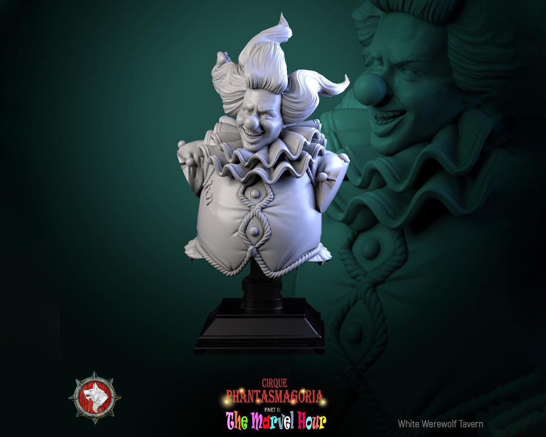 Circus Clown Bust, Bibble | Tabletop RPG Miniature | White Werewolf Tavern | Roleplaying 3D Printed Fantasy Mini - 3DPrintDen