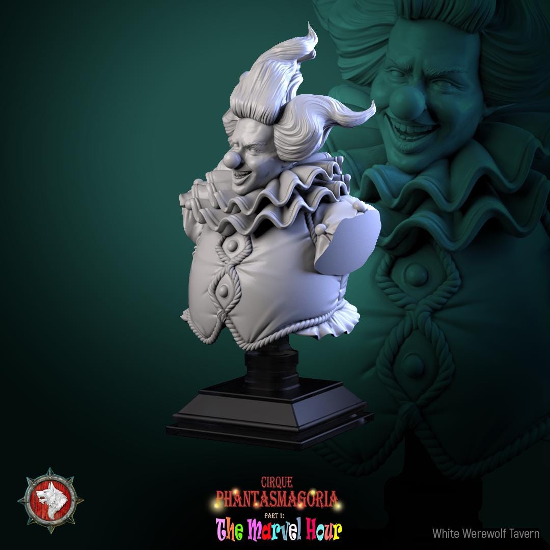 Circus Clown Bust, Bibble | Tabletop RPG Miniature | White Werewolf Tavern | Roleplaying 3D Printed Fantasy Mini - 3DPrintDen
