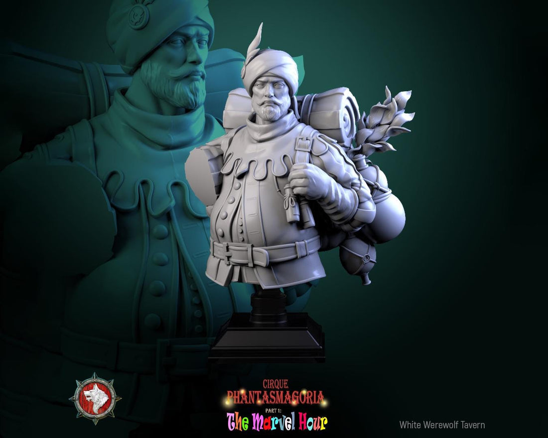 Circus Merchant Bust, Clatterjack | Tabletop RPG Miniature | White Werewolf Tavern | Roleplaying 3D Printed Fantasy Mini - 3DPrintDen