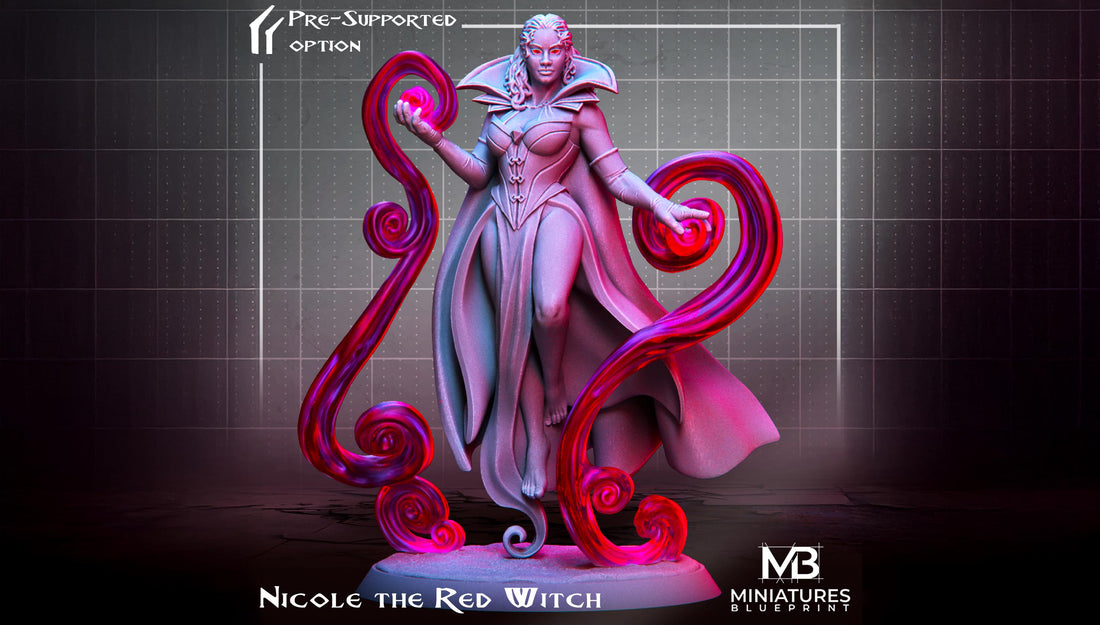Red Witch Miniature, Nicole | Tabletop RPG Miniature | Miniatures Blueprint | Roleplaying 3D Printed Fantasy Mini - 3DPrintDen