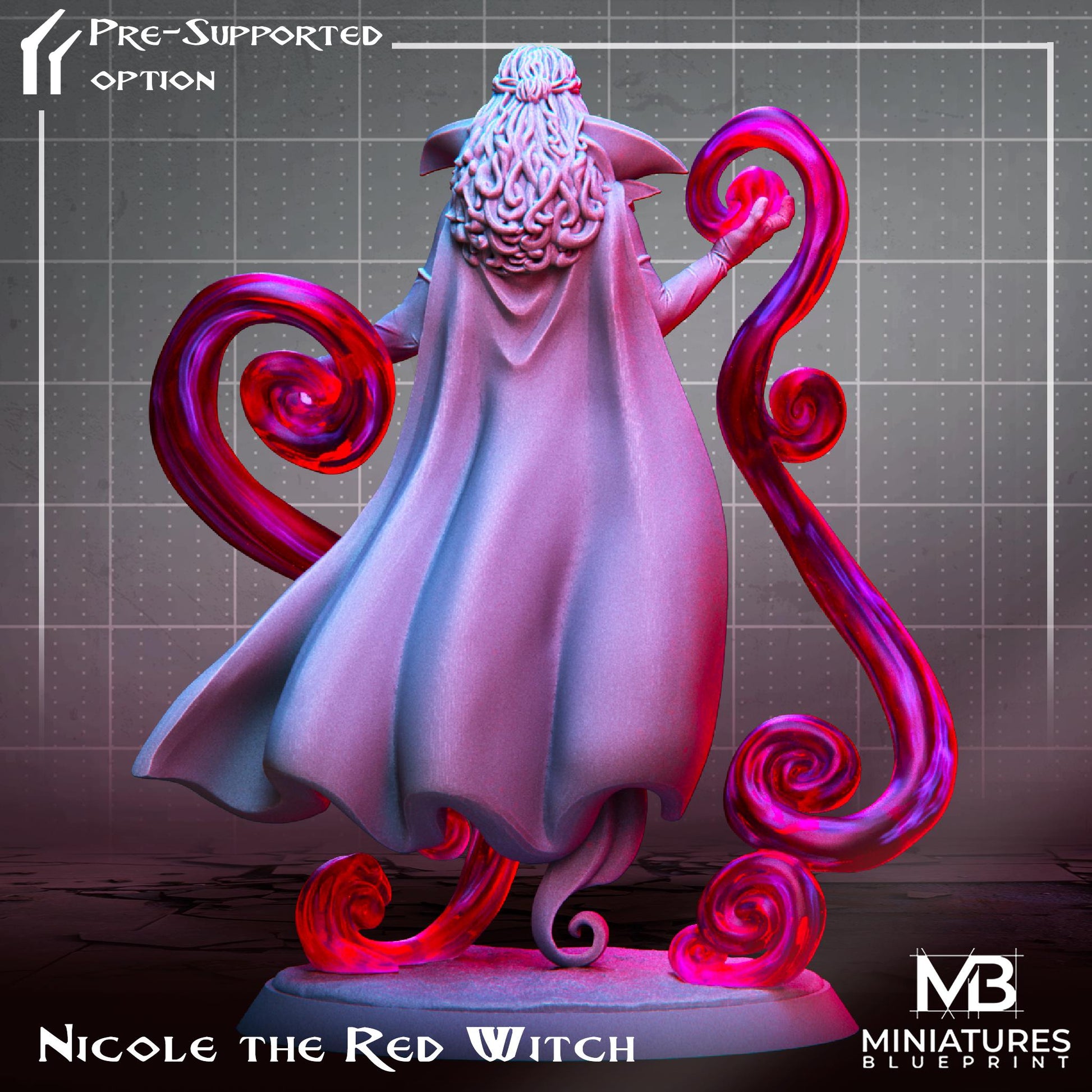 Red Witch Miniature, Nicole | Tabletop RPG Miniature | Miniatures Blueprint | Roleplaying 3D Printed Fantasy Mini - 3DPrintDen