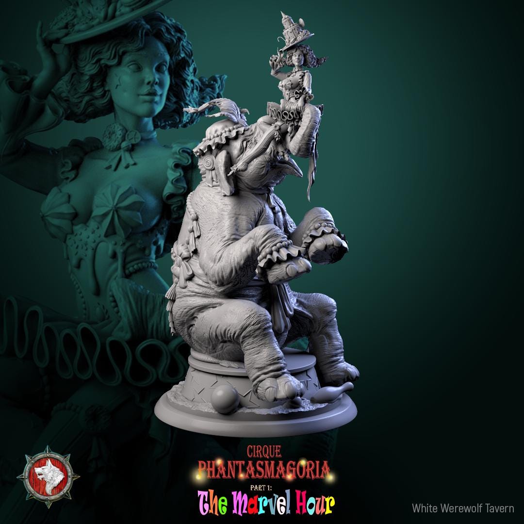Circus Performer w/ Elephant Miniature, Madame Pachadora | Tabletop RPG Miniature | White Werewolf Tavern | Roleplaying Printed Fantasy Mini - 3DPrintDen