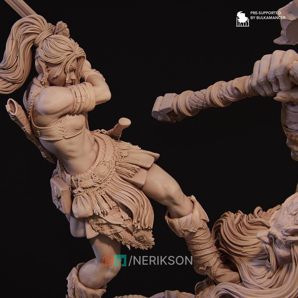 Lia vs. the Giant Diorama Miniature | Tabletop RPG Miniature | Nerikson | Roleplaying 3D Printed Fantasy Mini - 3DPrintDen