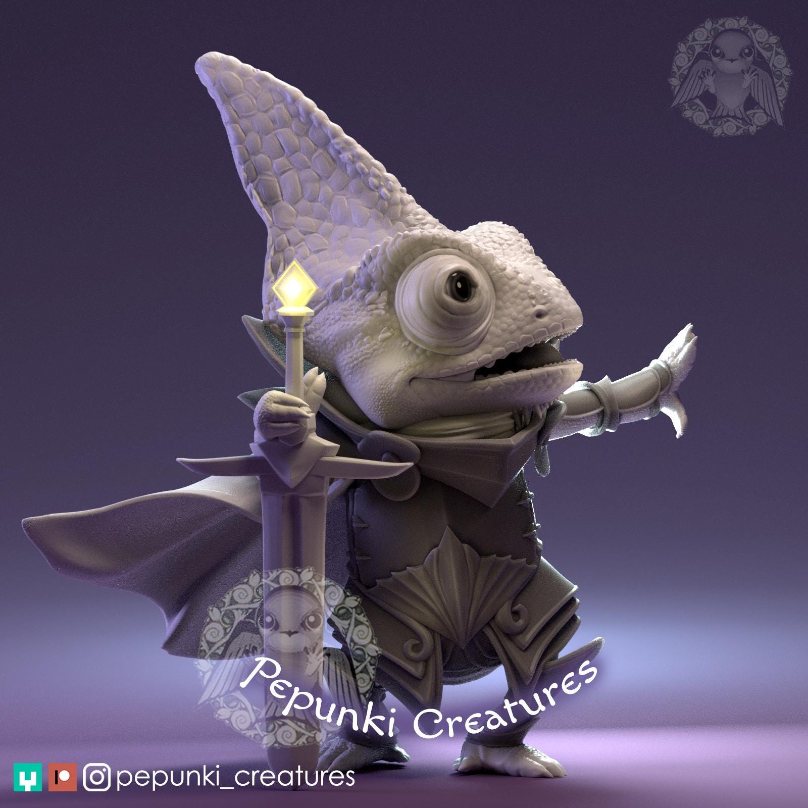 Chameleon Knight Miniature | Tabletop RPG Miniature | Pepunki Creatures | Roleplaying 3D Printed Fantasy Mini - 3DPrintDen