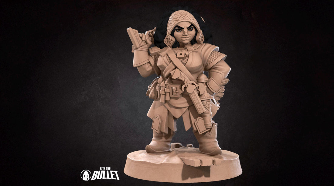 Female Dwarf Gunslinger Miniature | Tabletop RPG Miniature | Bite the Bullet | Roleplaying 3D Printed Fantasy Mini - 3DPrintDen