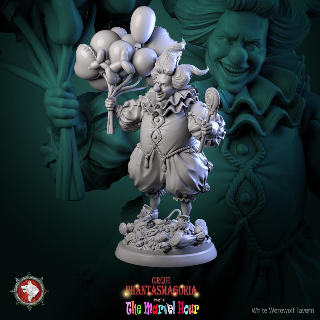 Circus Clown Miniature, Bibble | Tabletop RPG Miniature | White Werewolf Tavern | Roleplaying 3D Printed Fantasy Mini - 3DPrintDen