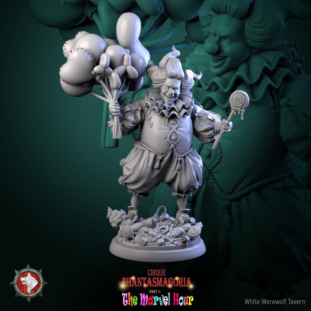 Circus Clown Miniature, Bibble | Tabletop RPG Miniature | White Werewolf Tavern | Roleplaying 3D Printed Fantasy Mini - 3DPrintDen