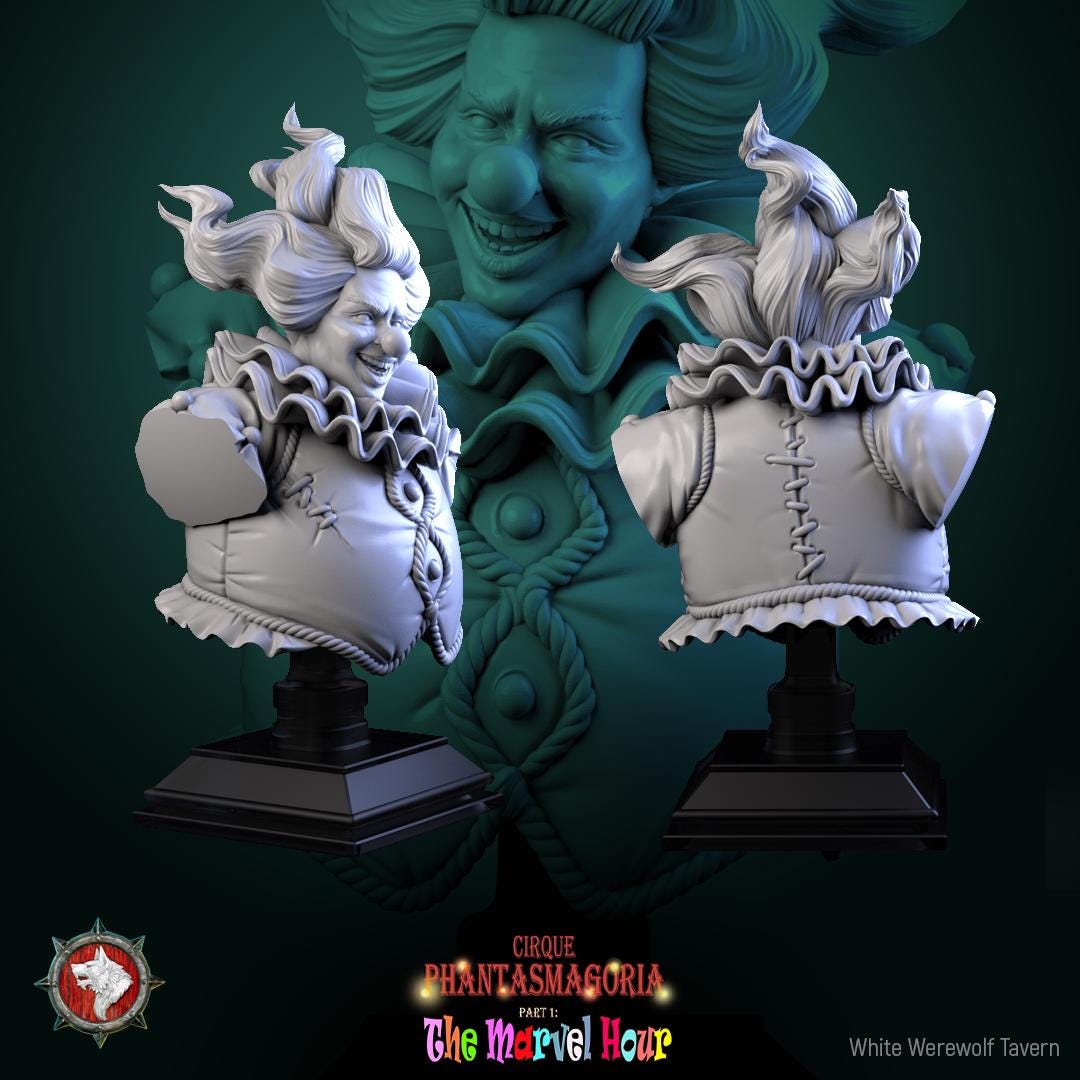 Circus Clown Bust, Bibble | Tabletop RPG Miniature | White Werewolf Tavern | Roleplaying 3D Printed Fantasy Mini - 3DPrintDen
