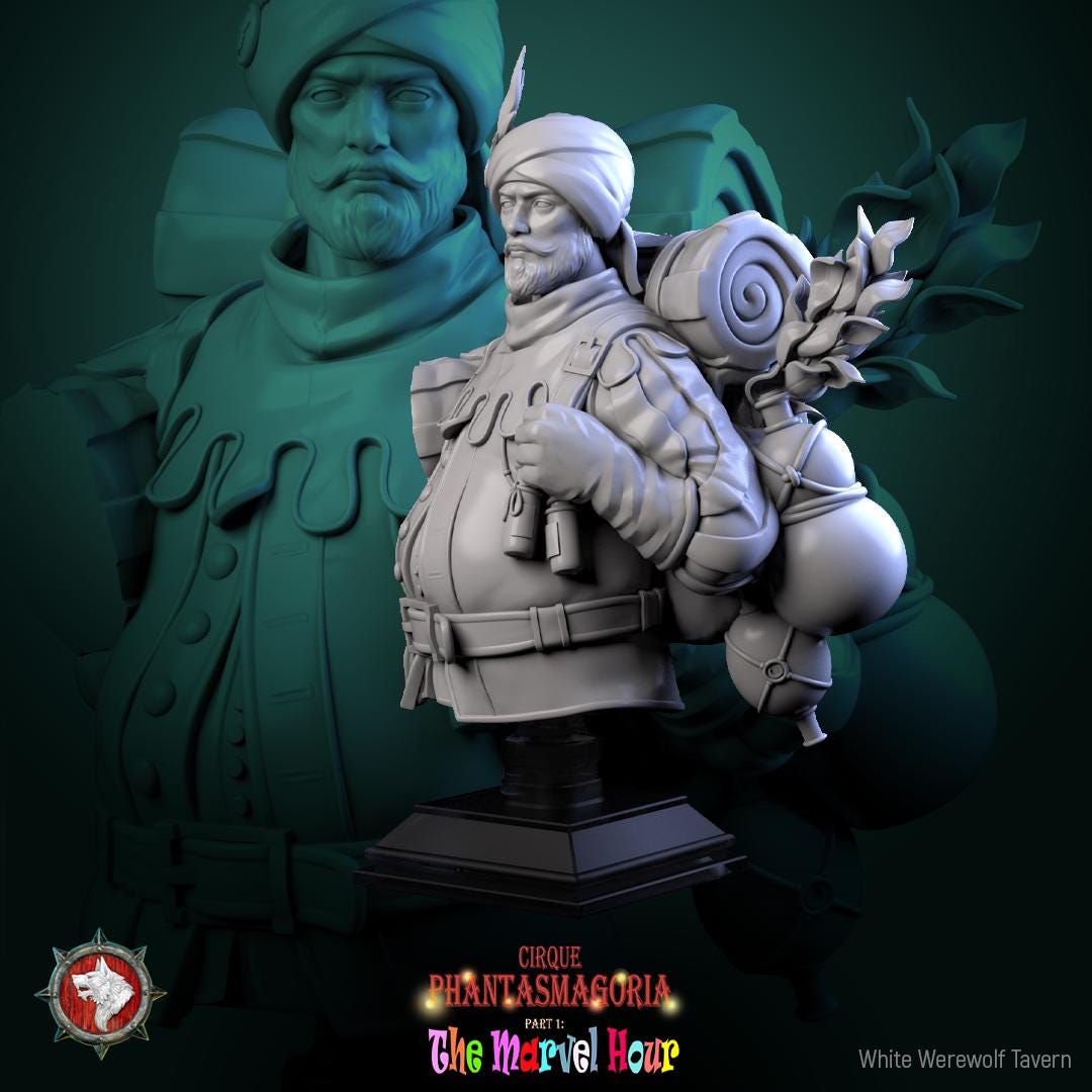 Circus Merchant Bust, Clatterjack | Tabletop RPG Miniature | White Werewolf Tavern | Roleplaying 3D Printed Fantasy Mini - 3DPrintDen