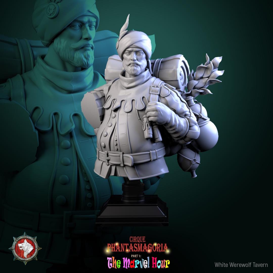 Circus Merchant Bust, Clatterjack | Tabletop RPG Miniature | White Werewolf Tavern | Roleplaying 3D Printed Fantasy Mini - 3DPrintDen