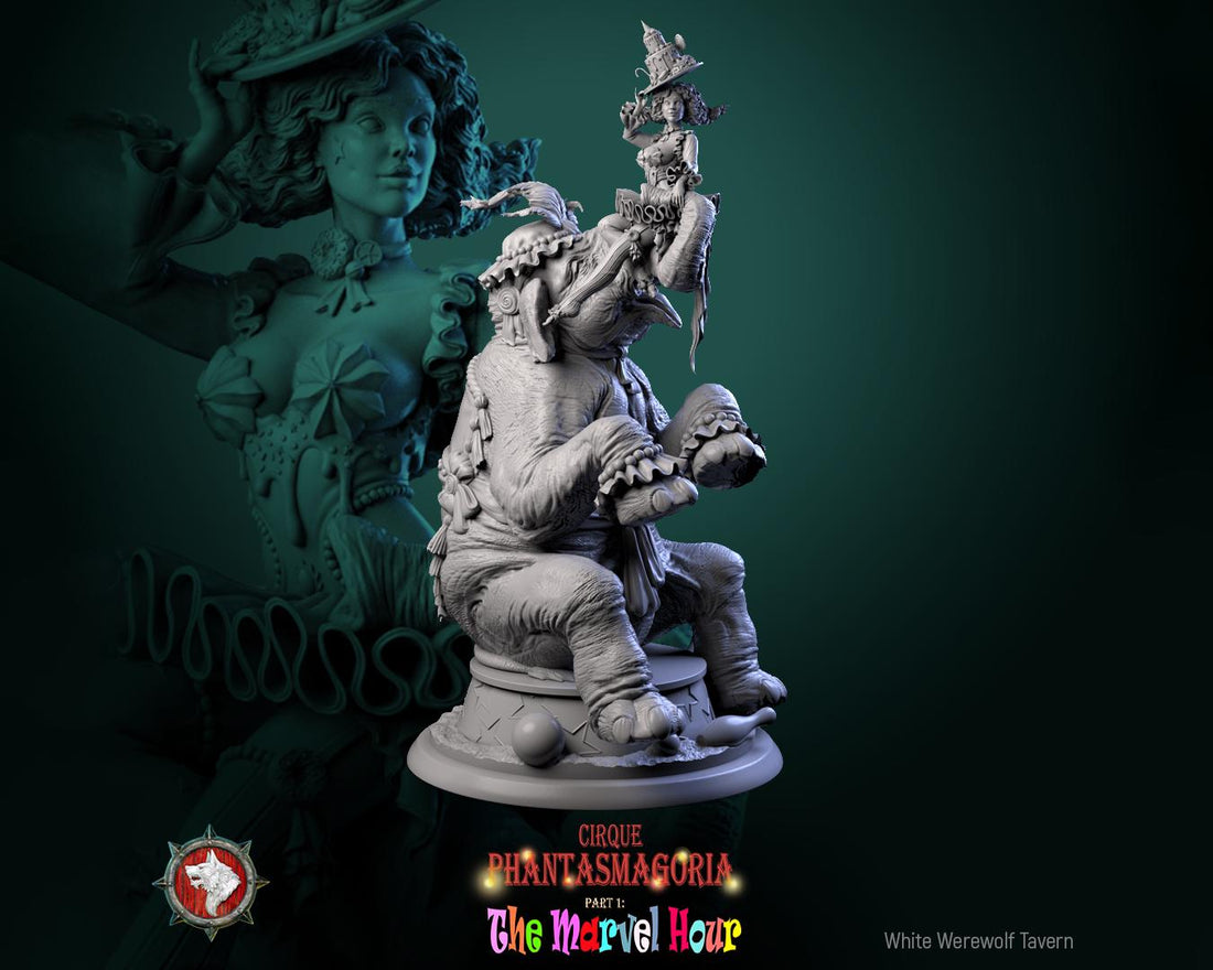 Circus Performer w/ Elephant Miniature, Madame Pachadora | Tabletop RPG Miniature | White Werewolf Tavern | Roleplaying Printed Fantasy Mini - 3DPrintDen