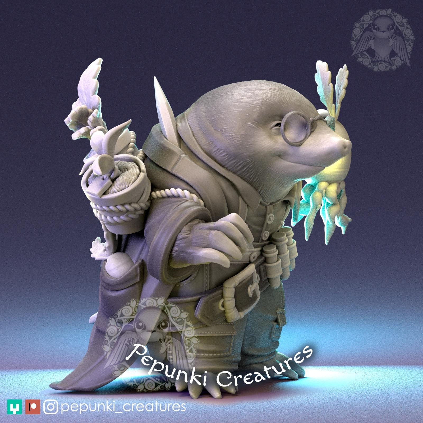 Mole Scientist Farmer Miniature | Tabletop RPG Miniature | Pepunki Creatures | Roleplaying 3D Printed Fantasy Mini - 3DPrintDen